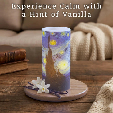 Van Gogh Starry Night Flameless Candles With Remote on wooden tray with vanilla flowers, cozy living room decor