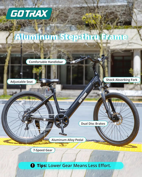 26 Inch Electric Bike With 350W Brushless Motor Up To 20 MPH, 30 Mile Pedal Assist Range, Front Shock, 7-Speed, Adjustable Seat, Black