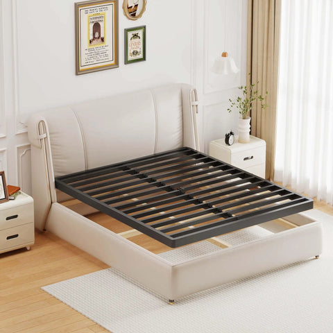 Straight Up Heavy Duty Queen Bunkie Board Delivers Rock Solid Metal Support With Smooth Rounded Edges For A Hassle Free Mattress Foundation Built Tough To Carry Heavy Loads Daily, shown on a bed frame.