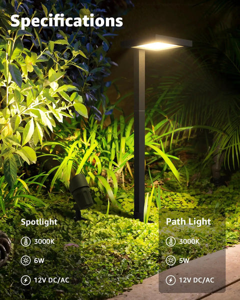 All In One Outdoor Landscape Lighting Kit With 60W Low Voltage Transformer 100 Ft Wire 6 Anti Glare LED Pathway Lights and Spotlights