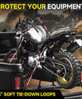 Motorcycle secured with 4 Pack Ratchet Tie Down Straps Kit 1 Inch By 16 Feet With 2400 Lb Break Strength Pink on truck