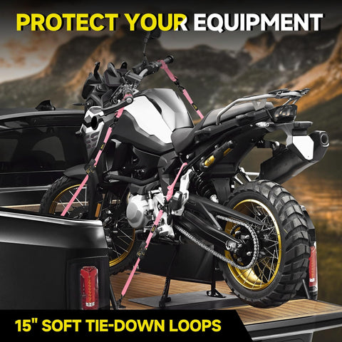 Motorcycle secured with 4 Pack Ratchet Tie Down Straps Kit 1 Inch By 16 Feet With 2400 Lb Break Strength Pink on truck