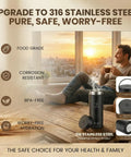 Slick Compact Travel Electric Kettle One Twenty Volt With Adjustable Temp Settings Fast Boil Portable Hot Water Maker For Daily Grind College Dorm Or Weekend Rides on a table next to a man.