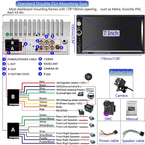 Wiring diagram for Double Din Car Stereo With 7 Inch HD Touch Screen Bluetooth Handsfree Mirror Link USB SD FM Radio Backup Camera And Wireless Steering Wheel Control