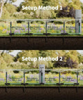 Two setup methods for Flexible Sprinkler System for Lawn and Garden Beds DIY Irrigation Kit with Adjustable Sprinkler Heads Above Ground Watering Solution for Lawn Flowers and Vegetables 50ft Garden Hose Included, showing water spray distance.
