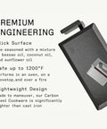 Made In Professional Carbon Steel Griddle With Cast Iron Grill Press shown with slick surface, safe up to 1200°F, designed for versatile cooking.