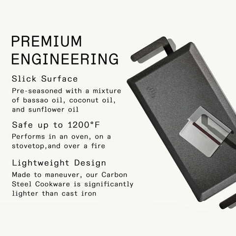 Made In Professional Carbon Steel Griddle With Cast Iron Grill Press shown with slick surface, safe up to 1200°F, designed for versatile cooking.