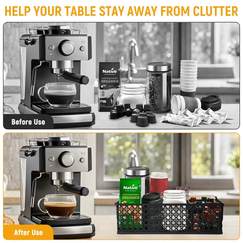 Before and after coffee bar using Metal Coffee Bar Organizer With Handles A Space Saving Countertop Station