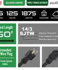 Beefy 50 Ft Heavy Duty 14 3 Extension Cord With 10 Outlets Spaced Every 5 Feet For Indoor Outdoor Use details and specifications.