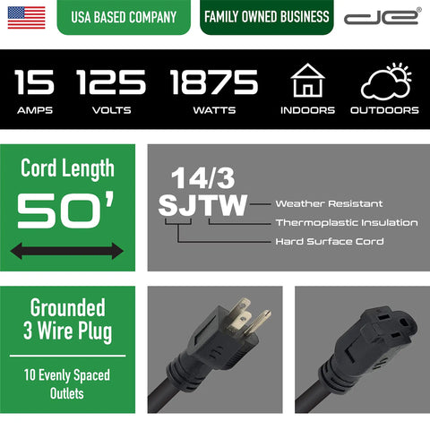 Beefy 50 Ft Heavy Duty 14 3 Extension Cord With 10 Outlets Spaced Every 5 Feet For Indoor Outdoor Use details and specifications.