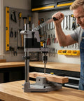 Heavy Duty Aluminum Drill Press Stand For Hand Drills, Built Like A Tank Workbench Mount, in use with wood.