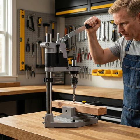 Heavy Duty Aluminum Drill Press Stand For Hand Drills, Built Like A Tank Workbench Mount, in use with wood.