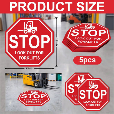Stop Look Out For Forklift Floor Sign 17 By 17 Inches Vinyl Caution Warning Safety Traffic Sticker Labels Self Adhesive Waterproof Anti Slip Signage For Warehouse Workplace 5 Pack, red octagon floor sign with forklift graphic