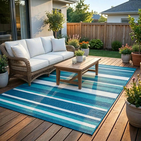 Outdoor Patio Rug 4x6 Ft Waterproof Plastic Straw Style For Deck Garden Backyard, under patio furniture set on deck with plants