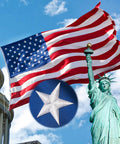 Heavy Duty 5x8 American Flag For Outdoor Use Built To Last Embroidered USA Stars And Stripes flying near Statue of Liberty