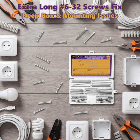 Seventy Count Six Three Two Machine Screws Four Mixed Sizes Premium 304 Stainless Steel Outlet Hardware in a toolbox for installations.