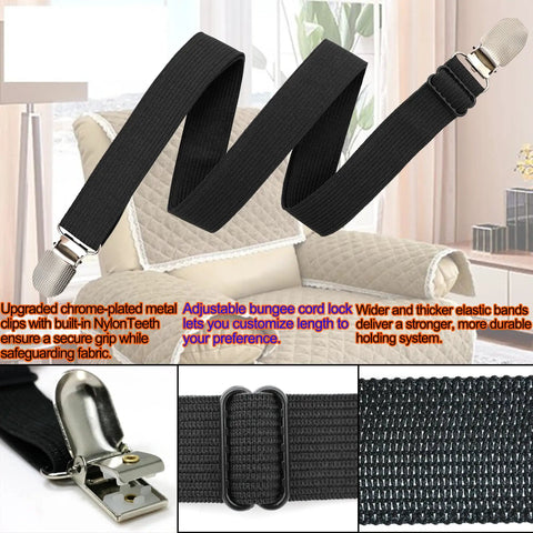 Premium Adjustable Elastic Strap Holders For Recliner Sofa Couch And Loveseat Slipcovers, black elastic bands with metal clips.