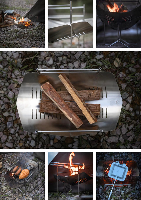 Collage of Solo Grill A4 Portable Camping Fire Pit, lightweight and compact, showing foldable frame and in use outdoors.