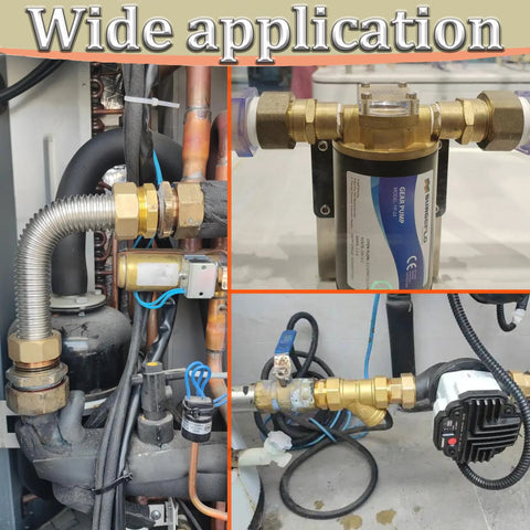 Installed brass 3/8 MNPT x 1/8 FNPT reducer hex bushing in plumbing with a pump
