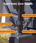 Close-up of Dual Flag Pole Mount For Trailer Jack Fits Two Inch And Two And Quarter Inch Poles with labels