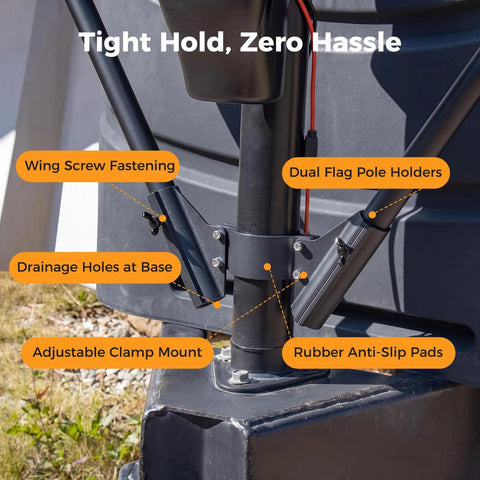 Close-up of Dual Flag Pole Mount For Trailer Jack Fits Two Inch And Two And Quarter Inch Poles with labels
