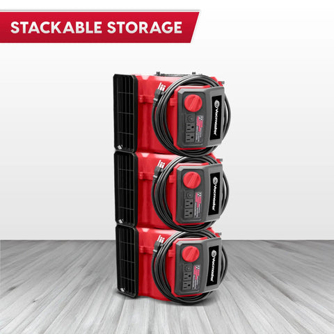 Stacked Heavy Duty Three Speed Floor Fan With 156W 550 CFM Air Mover for easy storage and quick drying and cooling.