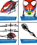 Spider Man RC Helicopter For Kids 8 Plus Easy Fly Remote Control Toy With LED Lights Tough Build Durable Polymer Body Coaxial Rotors And Rear Rotor Spiderman Toy For Indoor Outdoor Fun, showing obstacle-avoidance sensor, LED lights, and USB charger.