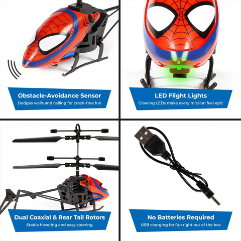 Spider Man RC Helicopter For Kids 8 Plus Easy Fly Remote Control Toy With LED Lights Tough Build Durable Polymer Body Coaxial Rotors And Rear Rotor Spiderman Toy For Indoor Outdoor Fun, showing obstacle-avoidance sensor, LED lights, and USB charger.