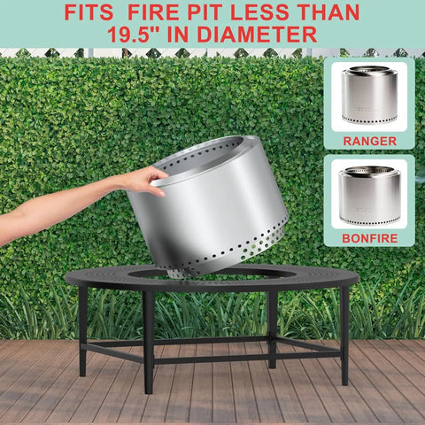 38 Inch Fire Pit Surround Tabletop For Smokeless Fire Pit With Dust Cover And Powder Coated Steel Build, showing fit example.