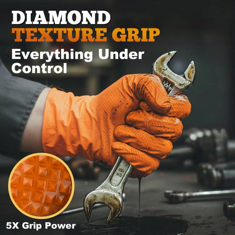 TitanFlex heavy-duty orange nitrile glove with raised diamond texture grip, hand gripping a wrench