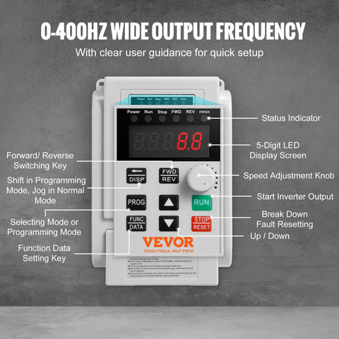 Beefy 3HP VFD Inverter For AC Motors 2.2KW 10A 1 Phase 220V To 240V Input To 3 Phase 220V To 240V Output 0 To 400 Hz Variable Frequency Drive With Soft Start And Slick Speed Control control panel with LED display and buttons