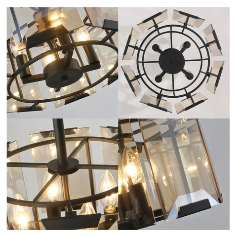 Vintage Crystal Chandelier Dope Round Wagon Wheel Frame 4 Light Matte Black Semi Flush Mount Ceiling Light detail