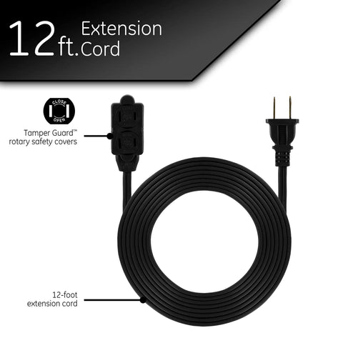12 Foot Indoor Extension Cord With 3 Outlets 16 Gauge Power Strip Twist To Close Safety Covers UL Listed Black Perfect For Home Office Or Kitchen Flexible Reach For Laptops Lamps And More No Sweat Setup, coiled black cord with plug