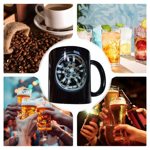 Solid Build Ceramic Coffee Mug featuring a tire design, suitable for hot or cold drinks, ideal for garage enthusiasts.