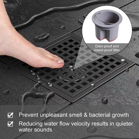 Level Up Your Bath Game With This Heavy Duty 4 Inch Square Shower Floor Drain Cover Featuring Rust Proof Matte Black Finish And Ingenious Hair Catcher Grid For Smooth Zero Clog Daily Draining with foot on it.