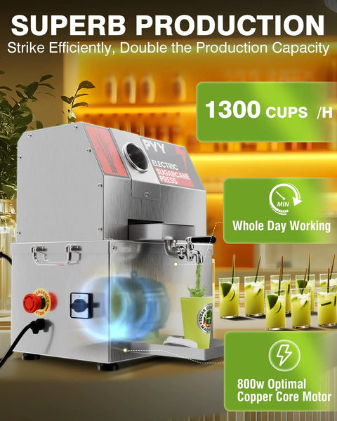 Heavy Duty Electric Sugarcane Juicer Machine With Three Rollers For Commercial Countertop Use High Yield 300Kg Per Hour Stainless Steel Press, 800W motor.