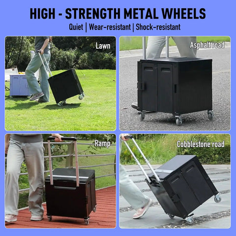 Foldable Rolling Utility Cart With Lid On Wheels Collapsible Handcart Trolley For Grocery Shopping Office Camp School And File Organization Durable Black With Brakes And Large Capacity used on various outdoor surfaces