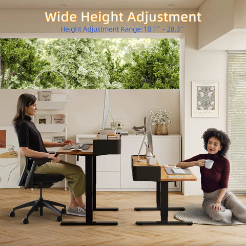 Rustic Brown Electric Standing Desk 48x24 Inches For Short People Adjustable Height 18.1 To 28.3 Inches with user seated and standing.