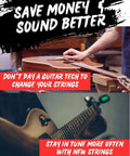 Guitar string winder, cutter and bridge-pin puller tool; hands restringing an acoustic guitar.