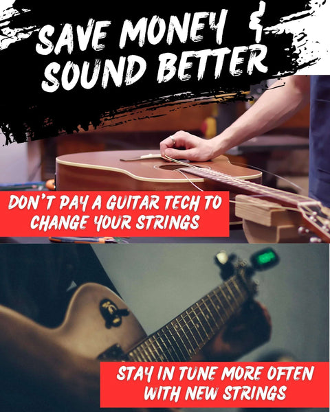 Guitar string winder, cutter and bridge-pin puller tool; hands restringing an acoustic guitar.