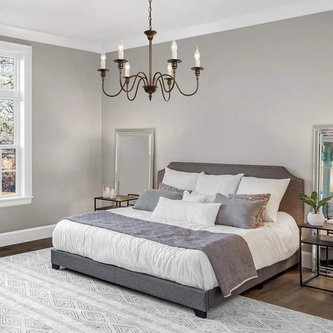 Bedroom with Six Light Farmhouse Chandelier In Oil Rubbed Brown And White Finish For Dining Room Living Room Foyer And Entryway A Rustic Chic Fixture With Timeless Vintage Luxury And Cozy Vibe hanging above bed