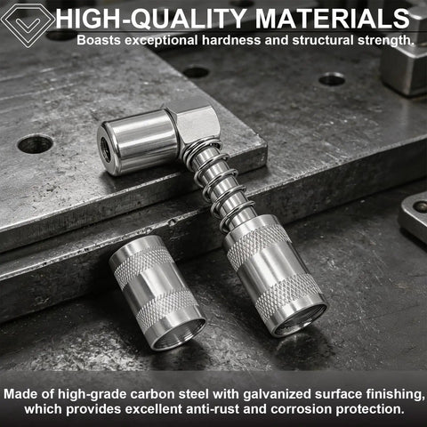 90 Degree Grease Coupler Adapter For Tight Spaces With Universal Thread Fitting, carbon steel, for cars and industrial maintenance.