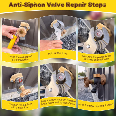 Step-by-step guide for installing 2 Pack Vacuum Breaker Float Kit And Anti Siphon Valve Repair Kit for Woodford RK 17VB Model 17 Wall Faucets.