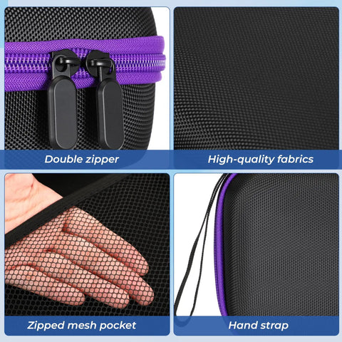 Close-up of Purple 6 Slot Peptide Vial Storage Case showing double zipper, mesh pocket, high-quality fabric, and hand strap.