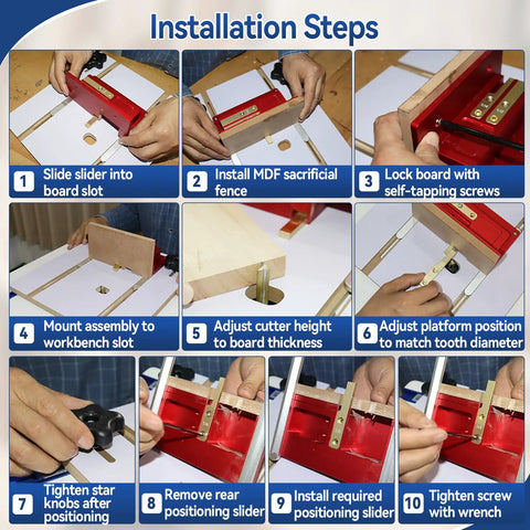 Installation steps for Box Joint Router Jig Kit For Table Saws And Router Tables With Brass Indexing Keys In 1/4, 3/8, And 1/2 Inch Sizes