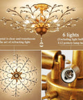 Six Light Crystal Chandelier In Golden Vintage Finish With E12 Edison Style Bulbs, Modern Crystal Ceiling Light Detail
