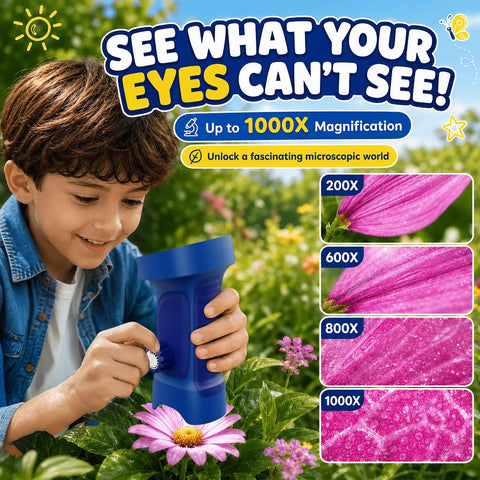 Kid Friendly Handheld Digital Microscope With 2.4 Inch IPS Display And 1080P HD Quality For Easy Exploration Of Tiny Worlds, Capture Sharp Photos And Videos On The Go While Your Curious Kids Learn Science. Child using blue handheld digital microscope outdoors