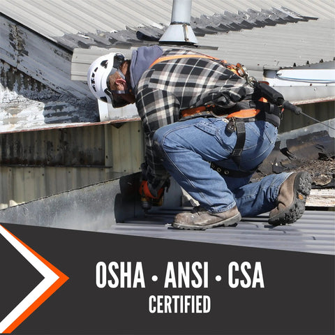 Worker wearing Warthog MAXX Side D-Ring Fall Protection Safety Harness With Removable Safety Belt on rooftop, OSHA ANSI Compliant