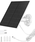 Outdoor Solar Panel Charger For Security Cameras, 5W Solar Panel Kit With Micro USB And USB C Adapters, wall mount and cables shown