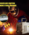 Ultra Portable 110V Mini Stick Welder for DIY Home and Auto Projects with a welder in action, helmet, sparks, and welding rod.